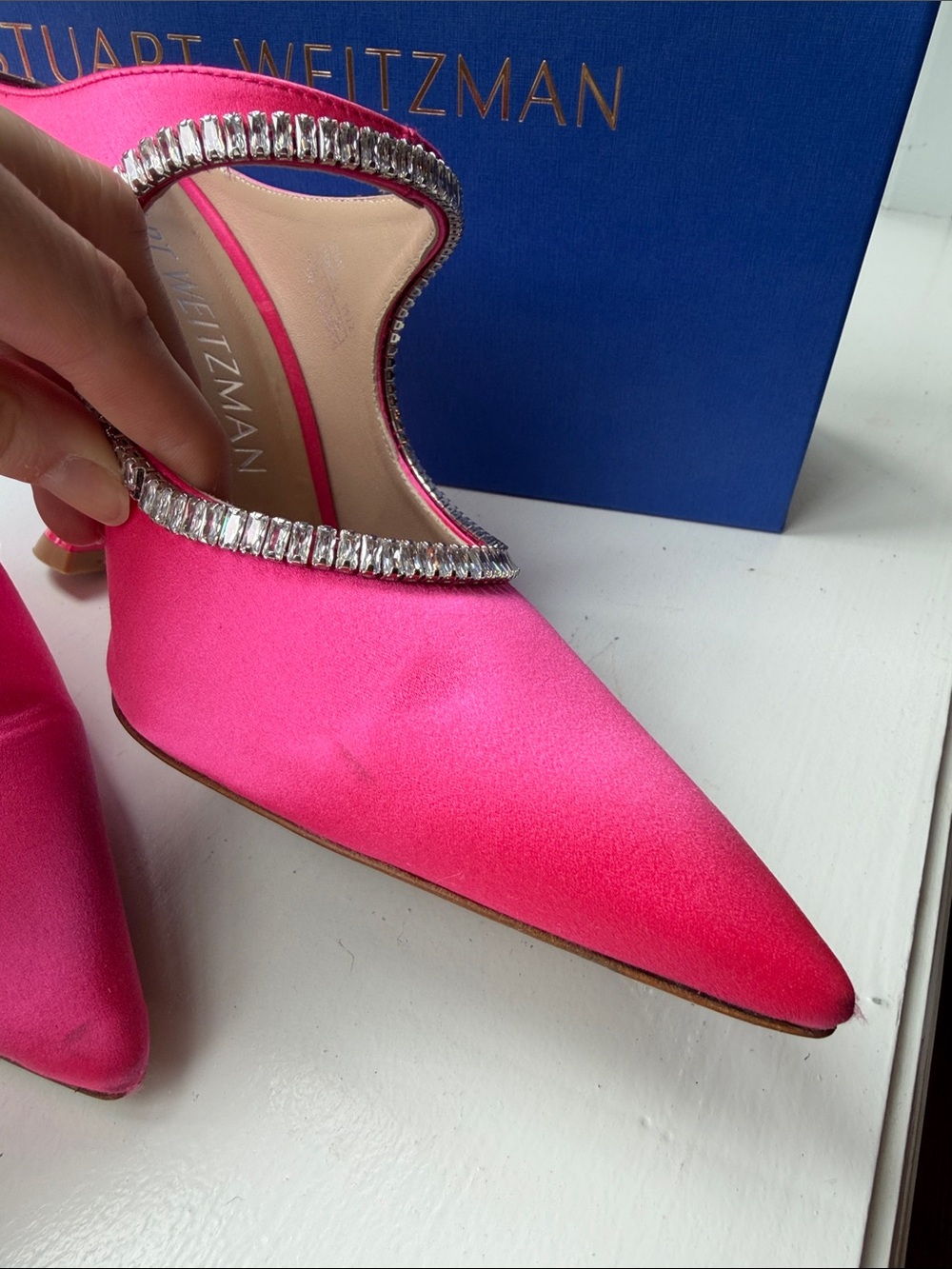 Stuart Weitzman Magenta Curve Satin Crystal-Trim Pointed-Toe Heels - Picture 3 of 13